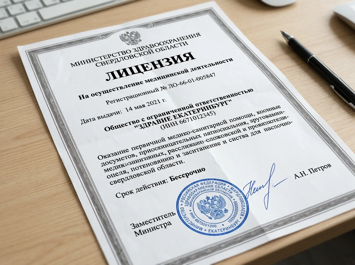 Лицензия на осуществление медицинской деятельности ЛО-66-01-005847, выданная Министерством здравоохранения Свердловской области, официальный документ на белом фоне с печатью