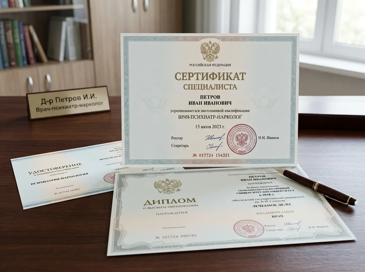 Сертификат специалиста врача-нарколога, диплом о высшем медицинском образовании и сертификат по психиатрии-наркологии, официальный документ с гербом